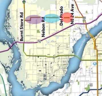 phase construction map for sun trail, showing connections between burnt store road, nelson road, del prado, and NE 24th avenue